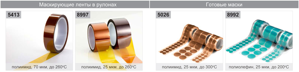 Термостойкие клейкие ленты и маски из полиимида при производстве электроники — 3М 5413, 3М 8997, 5026, 3М 8992